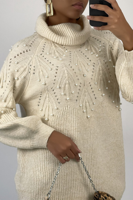 Loose beige turtleneck knit sweater dress with embossed pattern and pearls on the chest - 4