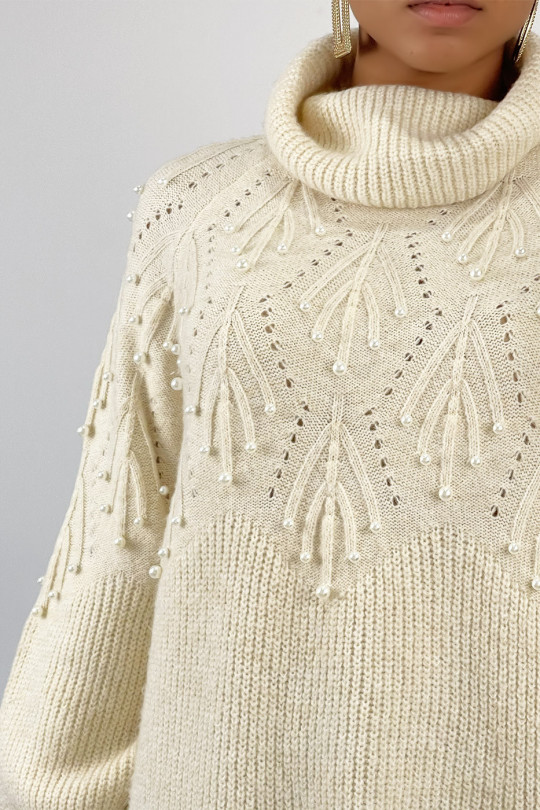 Loose beige turtleneck knit sweater dress with embossed pattern and pearls on the chest - 5