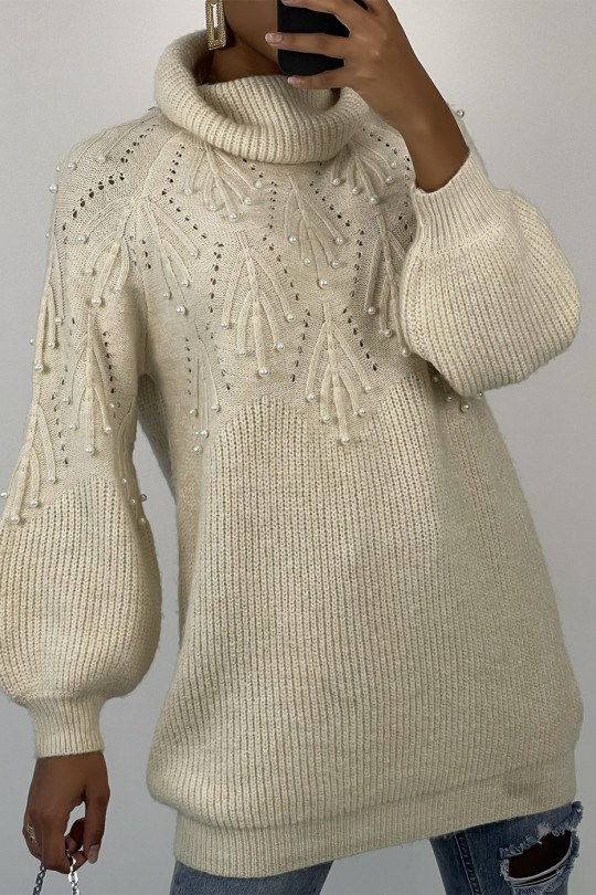 Loose beige turtleneck knit sweater dress with embossed pattern and pearls on the chest - 6