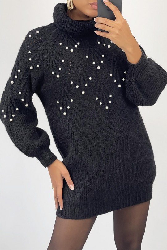 Loose black knit turtleneck sweater dress with embossed pattern and pearls on the chest - 1