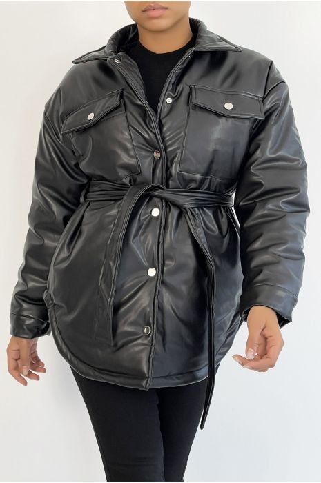 Black mid-length vegan faux leather puffer jacket with belt and super trendy pocket - 1