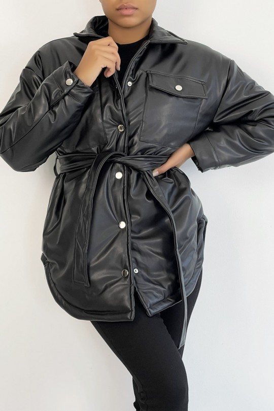 Black mid-length vegan faux leather puffer jacket with belt and super trendy pocket - 2