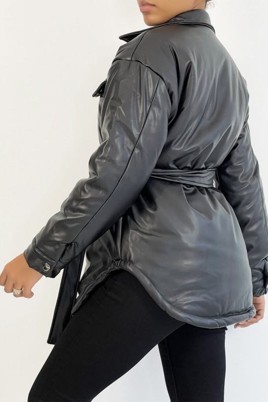 Black mid-length vegan faux leather puffer jacket with belt and super trendy pocket - 3