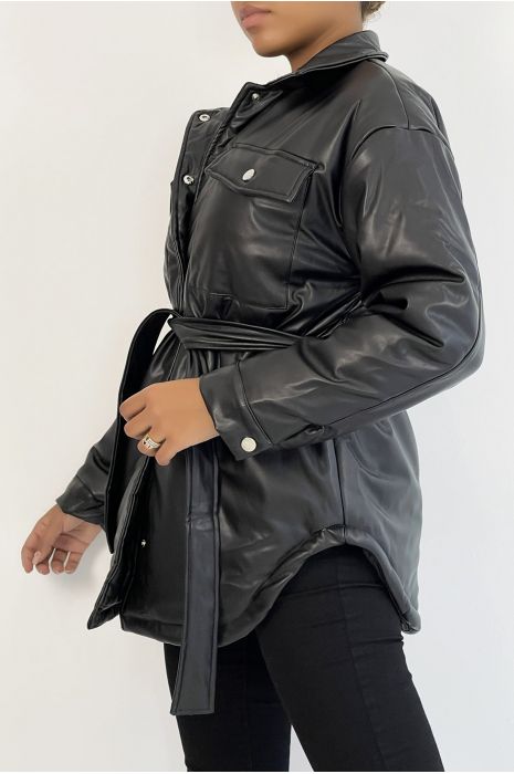 Black mid-length vegan faux leather puffer jacket with belt and super trendy pocket - 4