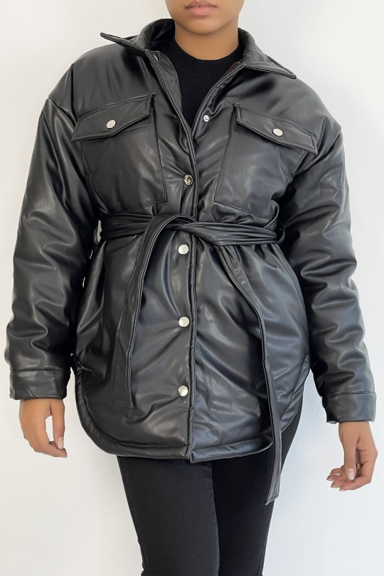 Black mid-length vegan faux leather puffer jacket with belt and super trendy pocket - 5