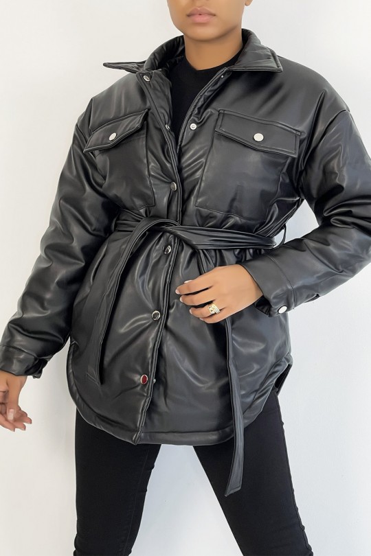 Black mid-length vegan faux leather puffer jacket with belt and super trendy pocket - 6