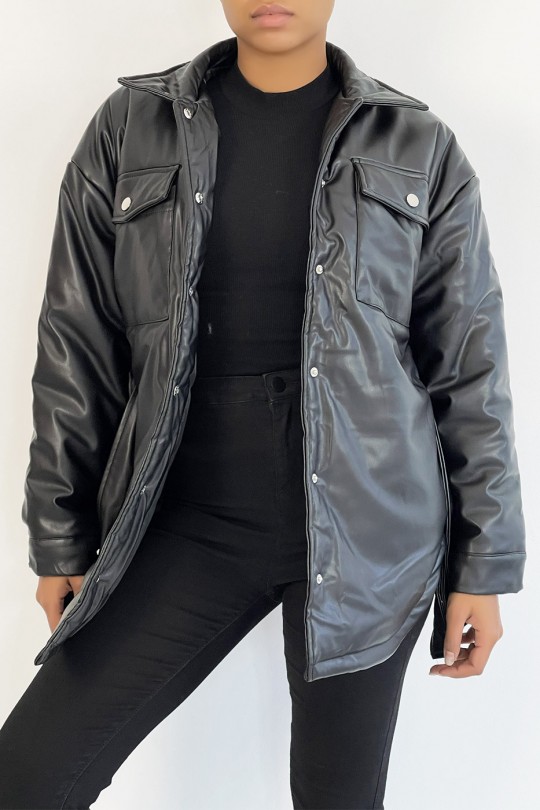 Black mid-length vegan faux leather puffer jacket with belt and super trendy pocket - 7