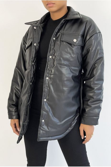 Doudoune noire simili cuir vegan mi-longue à ceinture et poche hyper tendance - 8