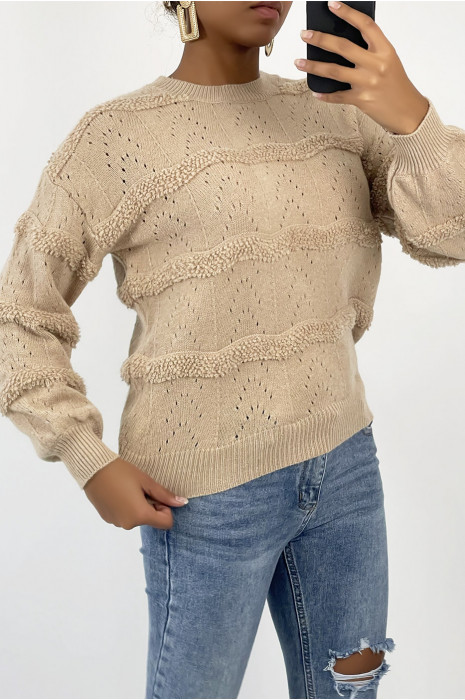 Pull court et fluide taupe à manches longues et col rond et motif effet laine en horizontal - 3