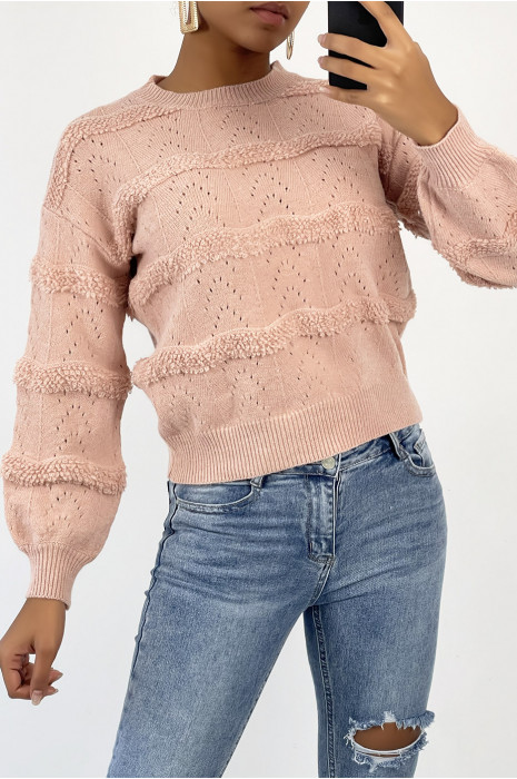 Pull court et fluide rose à manches longues et col rond et motif effet laine en horizontal - 2
