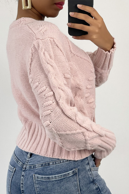 Short pink mesh-effect V-neck long-sleeved cardigan with pearl buttons and embossed pattern - 1