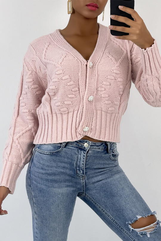 Short pink mesh-effect V-neck long-sleeved cardigan with pearl buttons and embossed pattern - 2