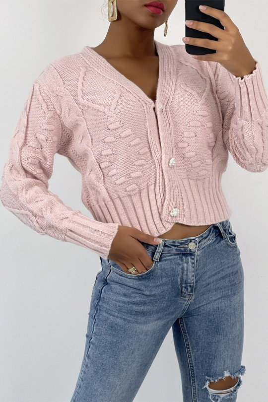Short pink mesh-effect V-neck long-sleeved cardigan with pearl buttons and embossed pattern - 3