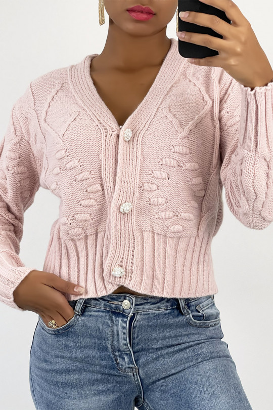 Short pink mesh-effect V-neck long-sleeved cardigan with pearl buttons and embossed pattern - 4