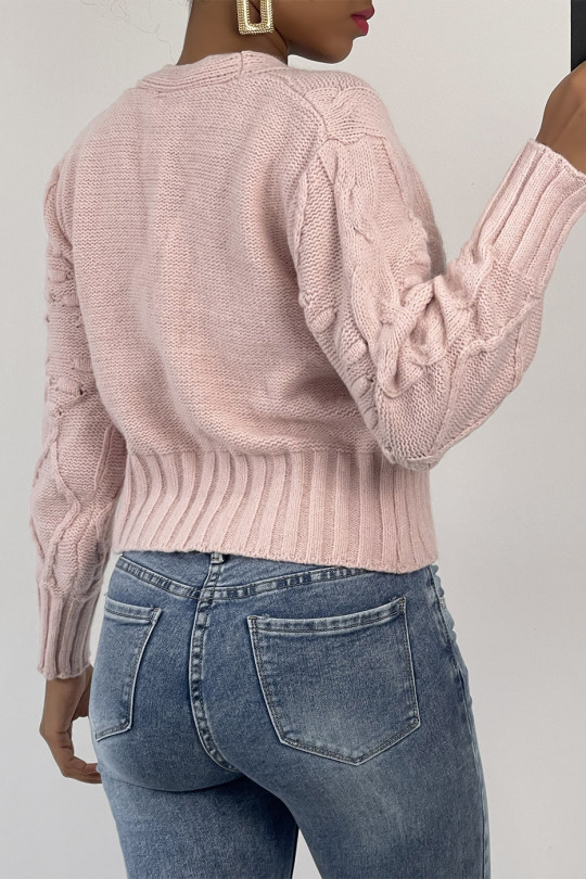 Short pink mesh-effect V-neck long-sleeved cardigan with pearl buttons and embossed pattern - 5