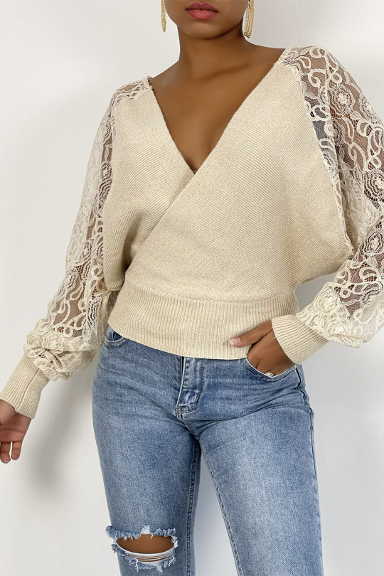 Beige wrap sweater with lace sleeves - 2