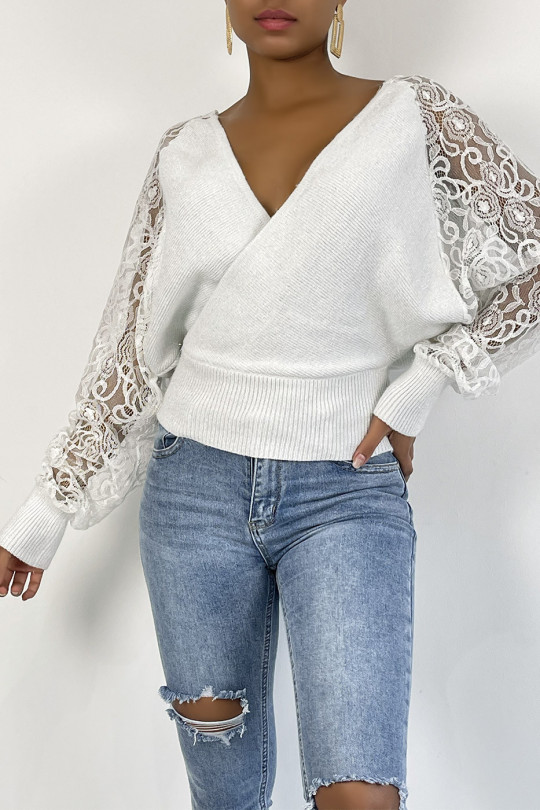 white sweater with lace sleeves