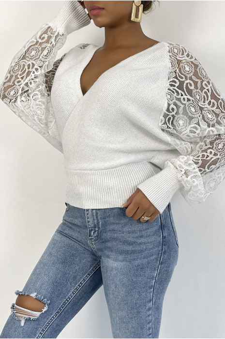 white sweater with lace sleeves