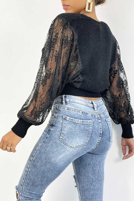 Short black wrap sweater with puffed lace sleeves - 1