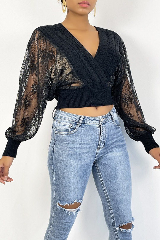 Short black wrap sweater with puffed lace sleeves - 3