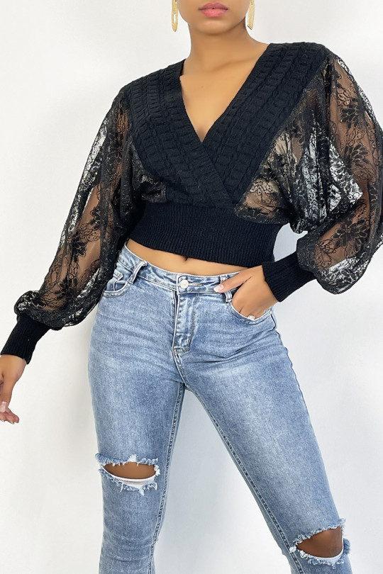 Short black wrap sweater with puffed lace sleeves - 4