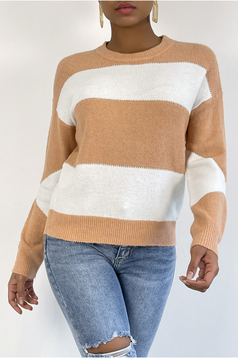 Pull tombant et duveteux rose et blanc avec col rond - 1