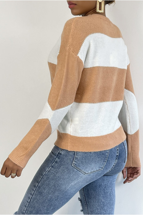 Pull tombant et duveteux rose et blanc avec col rond - 2