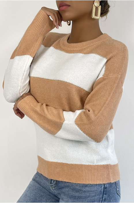Pull tombant et duveteux rose et blanc avec col rond - 3