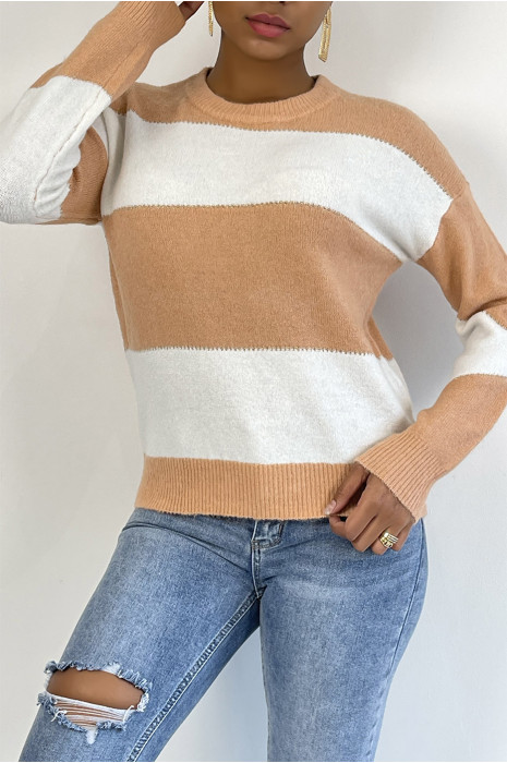 Pull tombant et duveteux rose et blanc avec col rond - 4