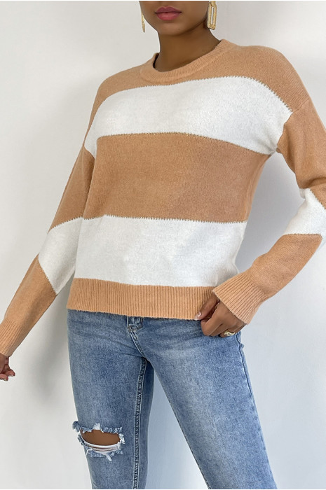 Pink and white fluffy drop sweater with round neck - 5