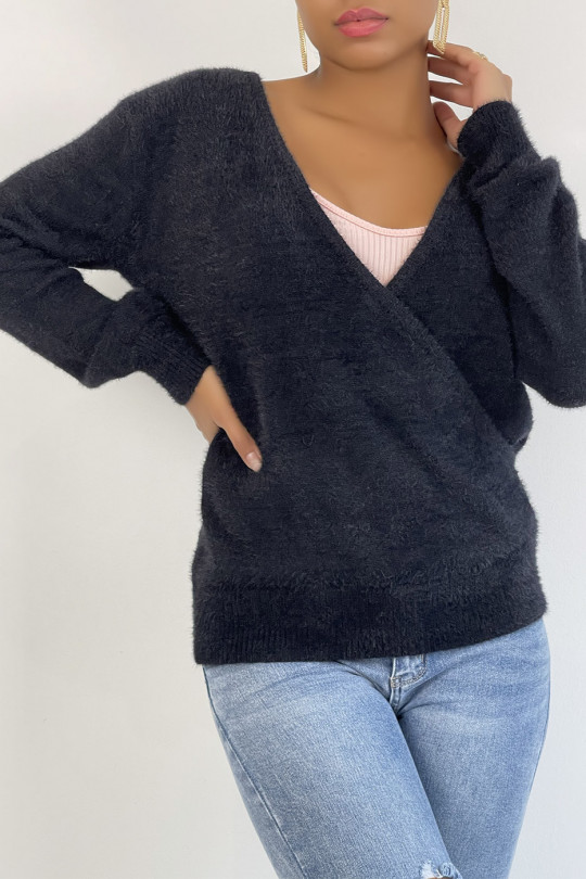 Black fluffy and oversized wrap sweater - 4