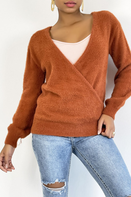 Fluffy and oversized cognac wrap sweater - 3