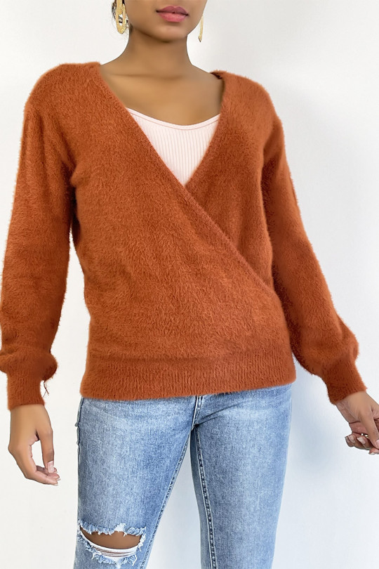 Fluffy and oversized cognac wrap sweater - 4