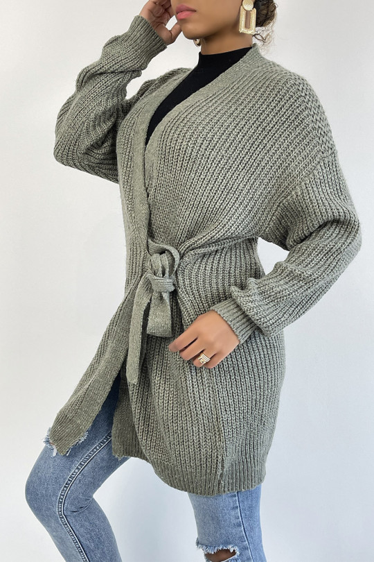 Long thick taupe wrap cardigan with integrated belt - 2