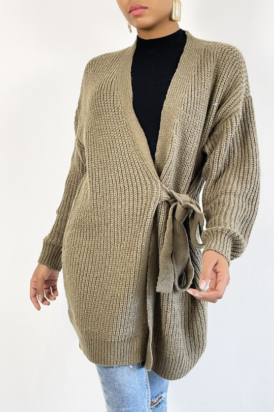 Long thick khaki wrap cardigan with integrated belt - 3