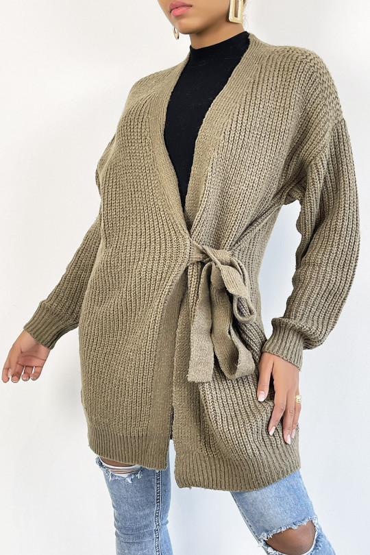 Long thick khaki wrap cardigan with integrated belt - 4