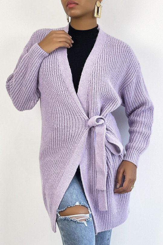 Long thick lilac wrap cardigan with integrated belt - 1