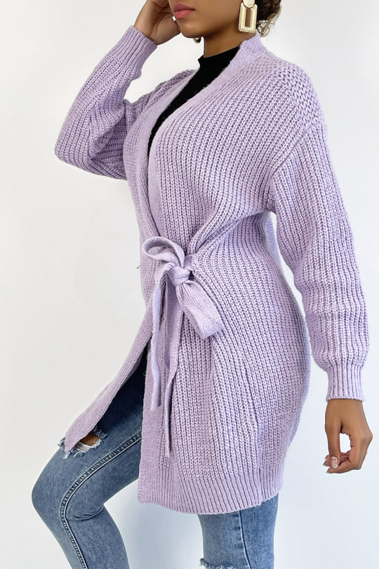 Long thick lilac wrap cardigan with integrated belt - 3