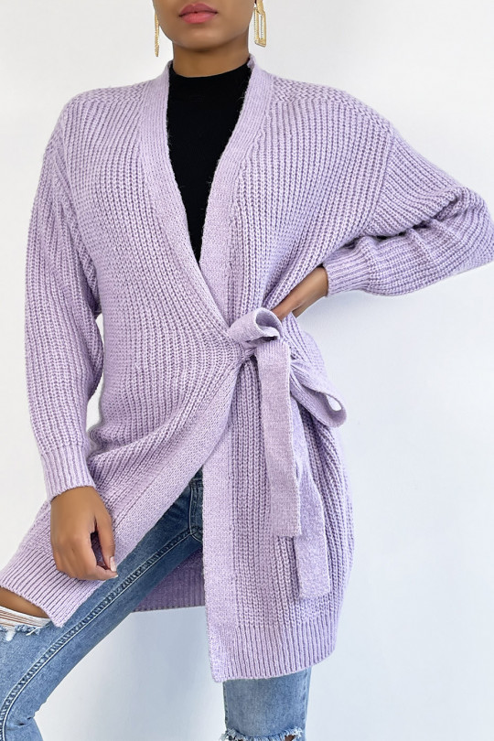 Long thick lilac wrap cardigan with integrated belt - 4