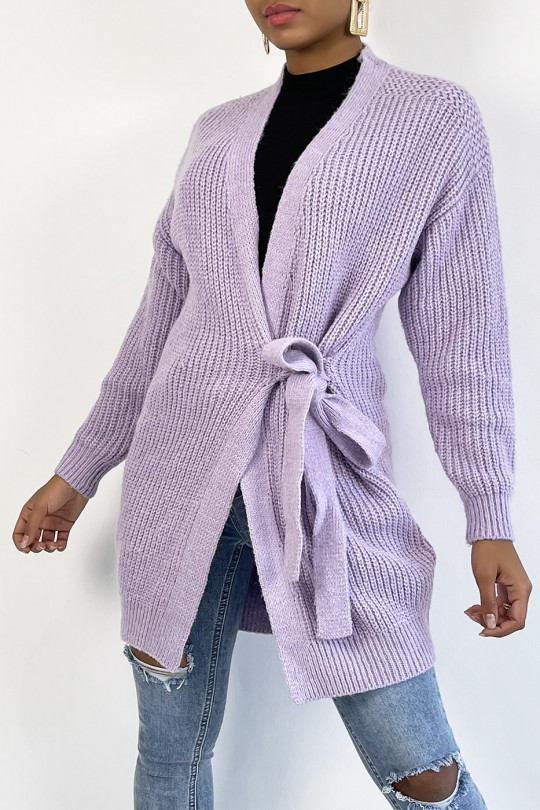 Long thick lilac wrap cardigan with integrated belt - 5