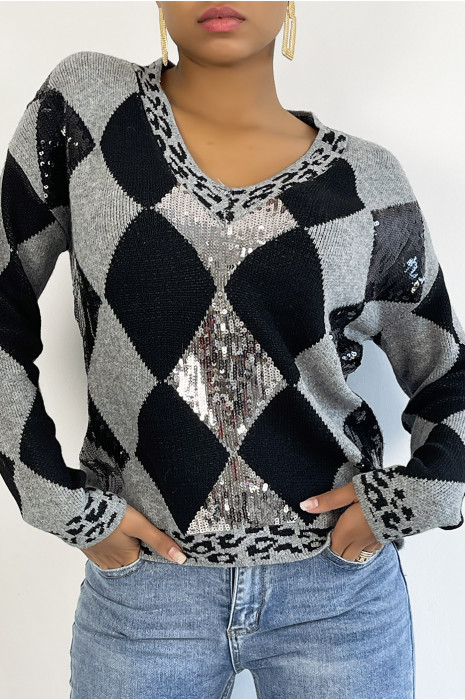Pull épais avec col V et motif losange en sequin pailleté - 2