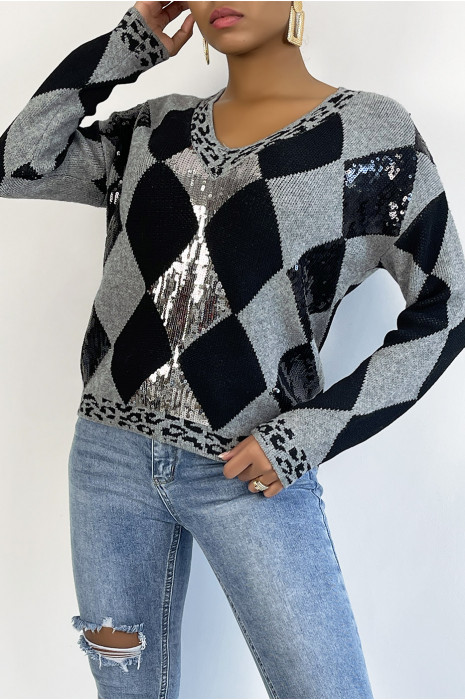 Pull épais avec col V et motif losange en sequin pailleté - 3