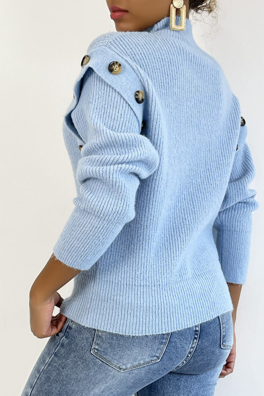Turquoise blue sweater with high collar and buttons on the shoulders - 1