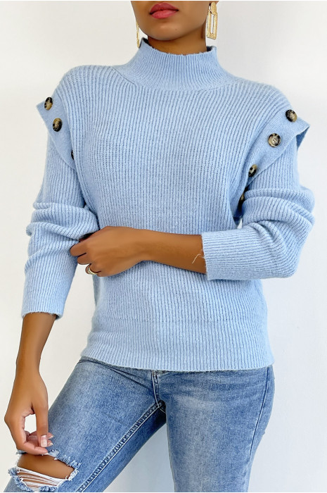 Turquoise Blue Sweater With High Collar And Buttons On The Shoulders