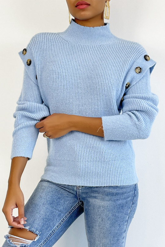 Turquoise blue sweater with high collar and buttons on the shoulders - 2