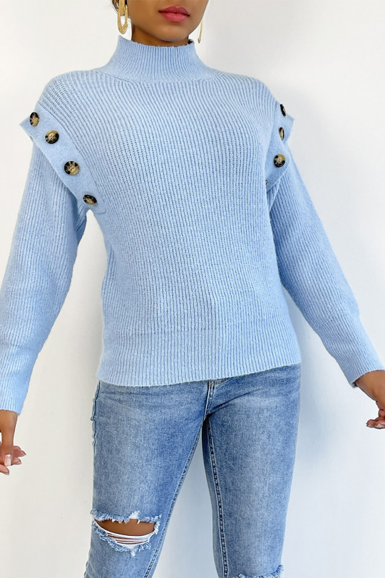 Turquoise blue sweater with high collar and buttons on the shoulders - 3