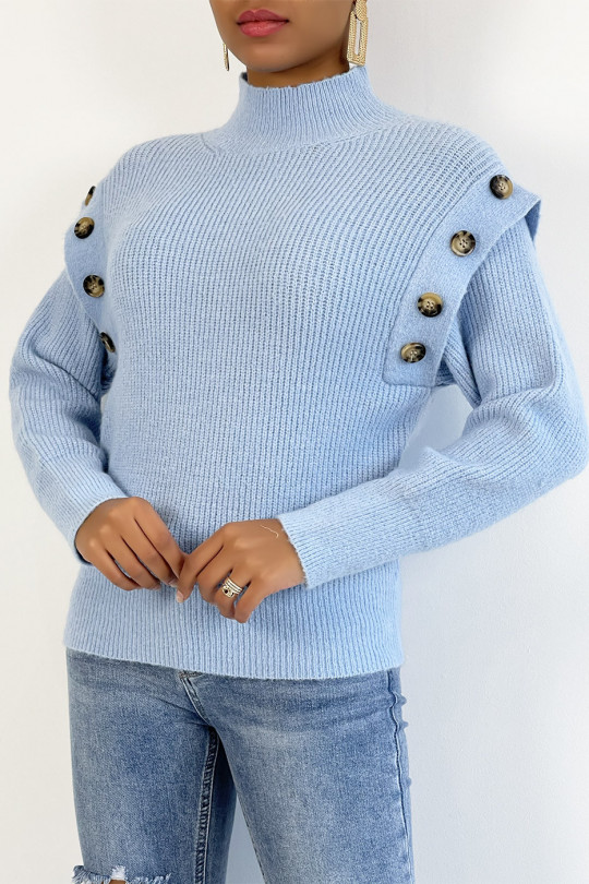Turquoise blue sweater with high collar and buttons on the shoulders - 4