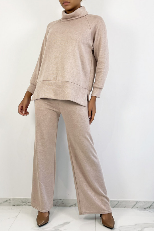 Ensemble cosy rose pantalon flare et col roulé - 1