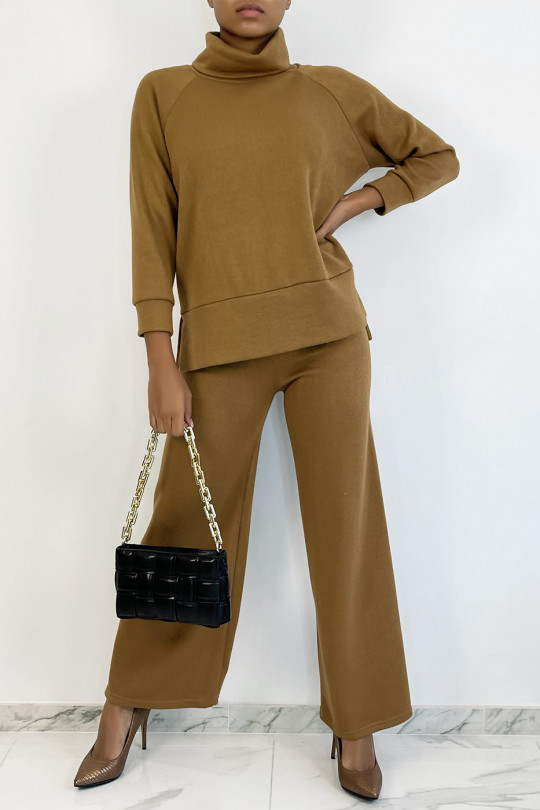 Ensemble cosy camel pantalon flare et col roulé - 2