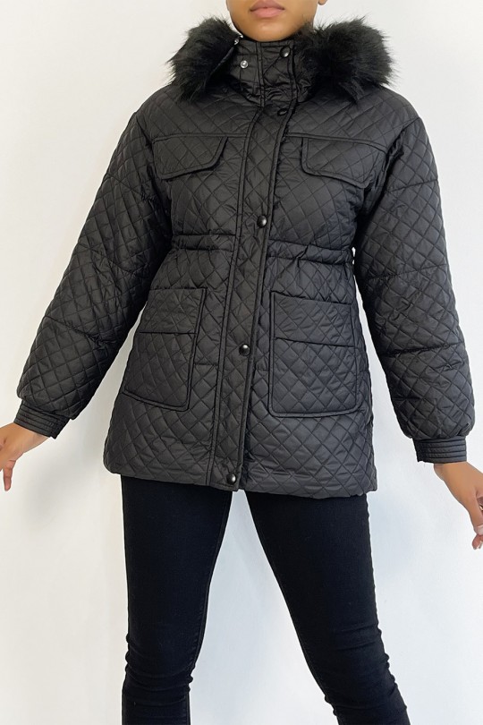 Black multi-pocket quilted coat with hood - 1